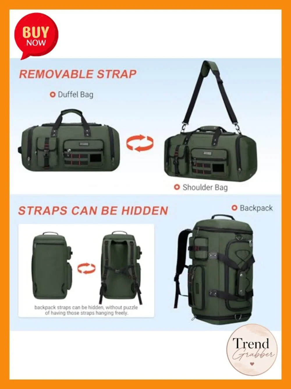 45L Convertible Duffel Bag Men's Travel Gym Backpack Nylon Water Resistant